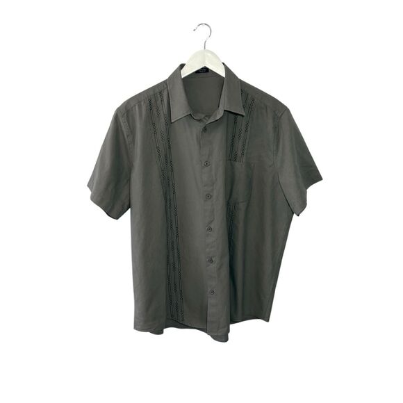 COOFANDY Cuban Guayabera gray short sleeve button down shirt with embroidery - X - Picture 1 of 7